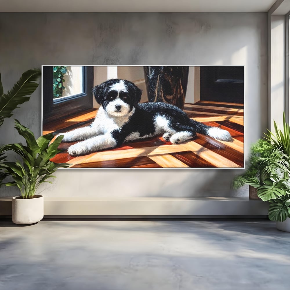 Tablou canvas cu tablou canvas cu catel negru cu alb, in rama de aluminiu argintiu